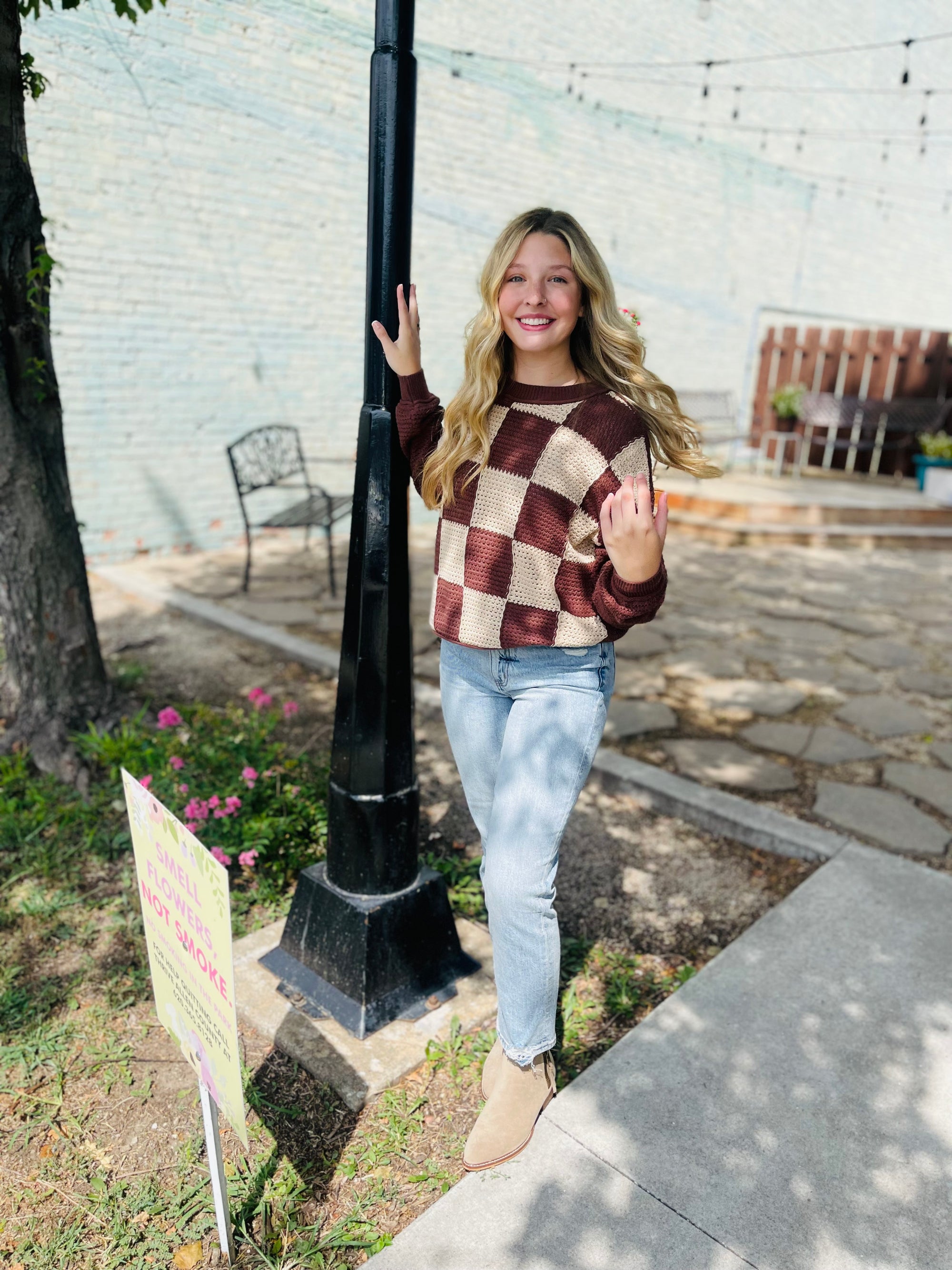 Brown Checkered Crochet Knit Long Sleeve Sweater