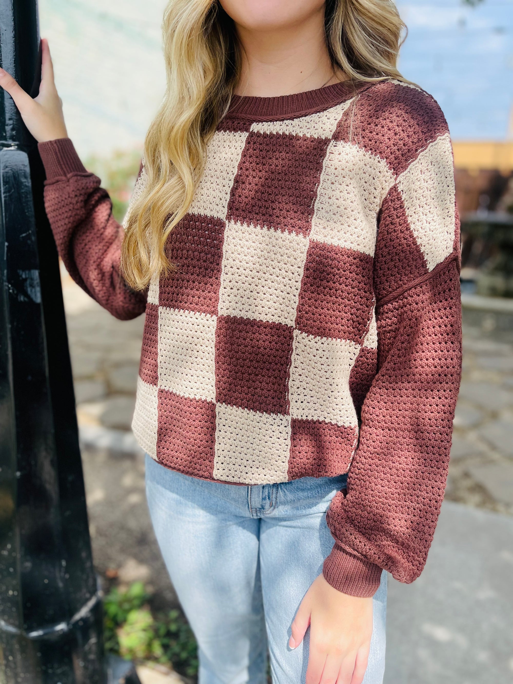 Brown Checkered Crochet Knit Long Sleeve Sweater