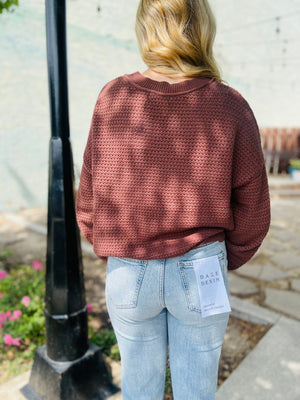 Brown Checkered Crochet Knit Long Sleeve Sweater