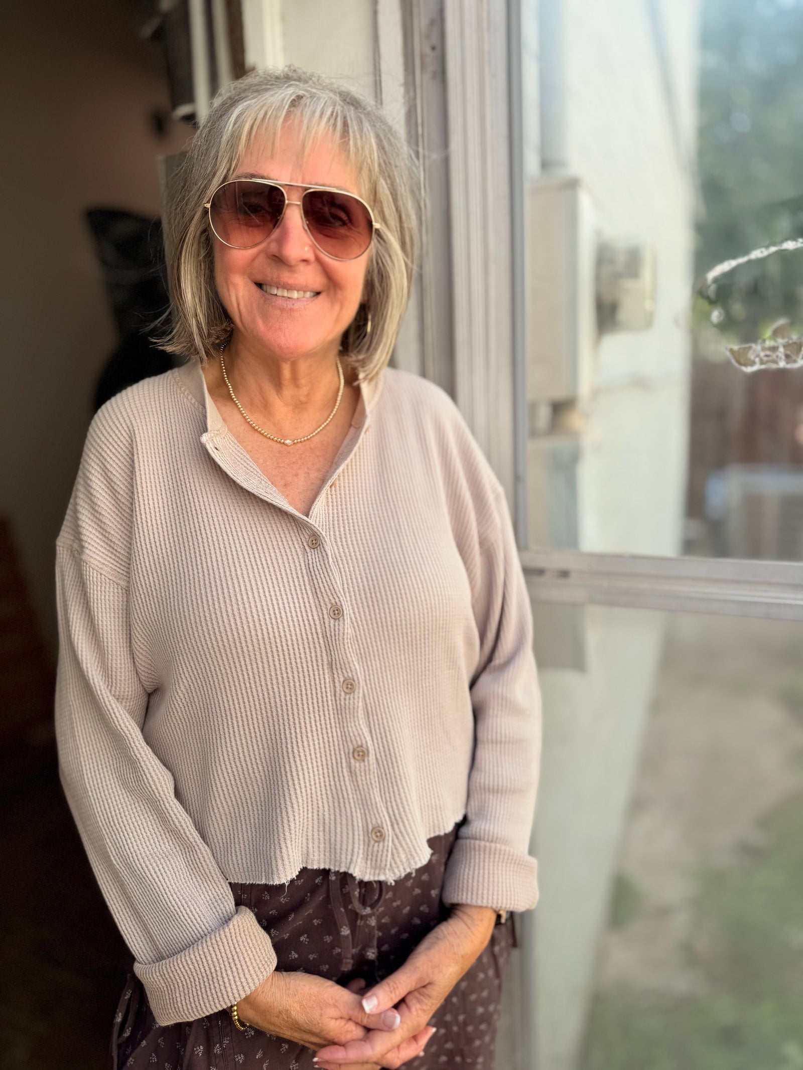 Waffle Long Sleeve Buttoned Crop Top