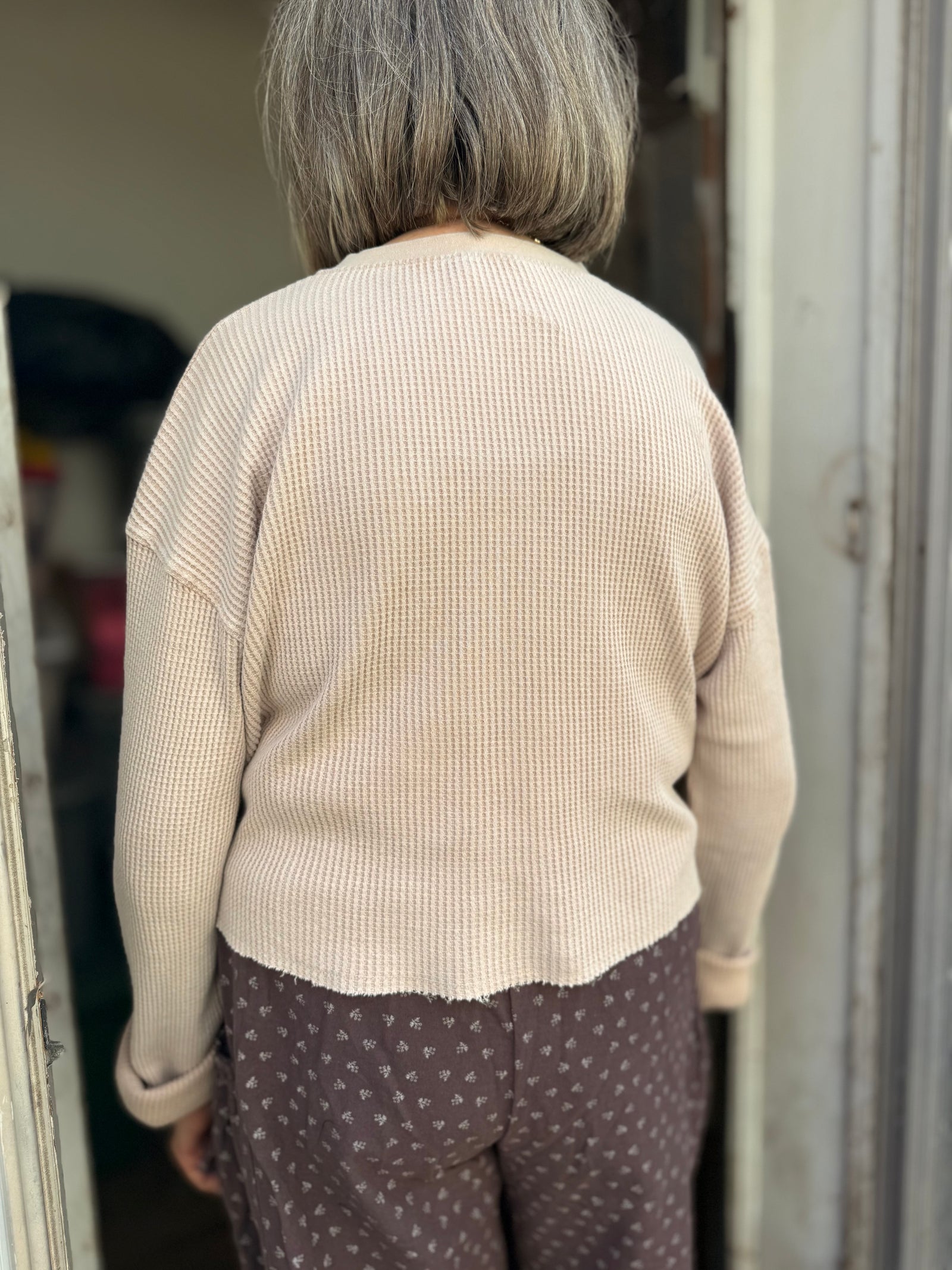 Waffle Long Sleeve Buttoned Crop Top