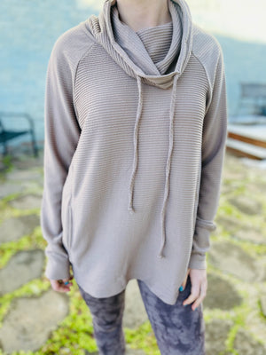 Ribbed Knit Cowl Neck Pullover
