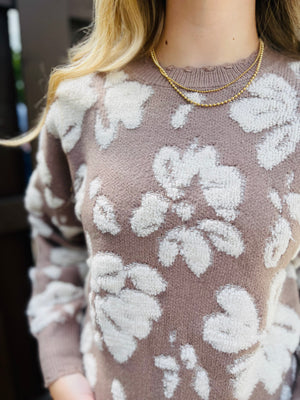 Taupe Floral Distressed Terry Knit Sweater