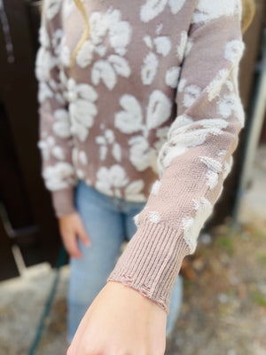 Taupe Floral Distressed Terry Knit Sweater