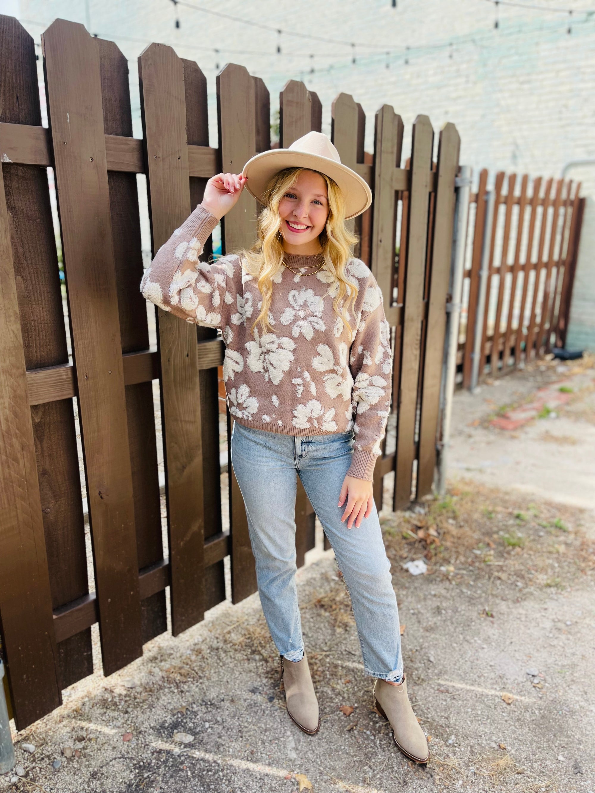 Taupe Floral Distressed Terry Knit Sweater