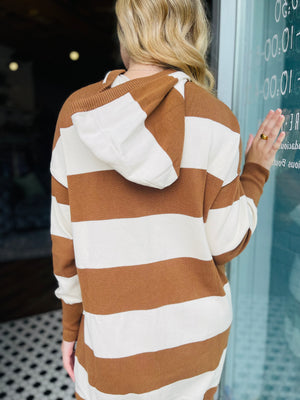 Mocha Striped Drawstring Hoodie Mini Knit Dress