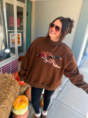 Bucketlist Brown Mallard Embroidered Mock Neck Sweatshirt