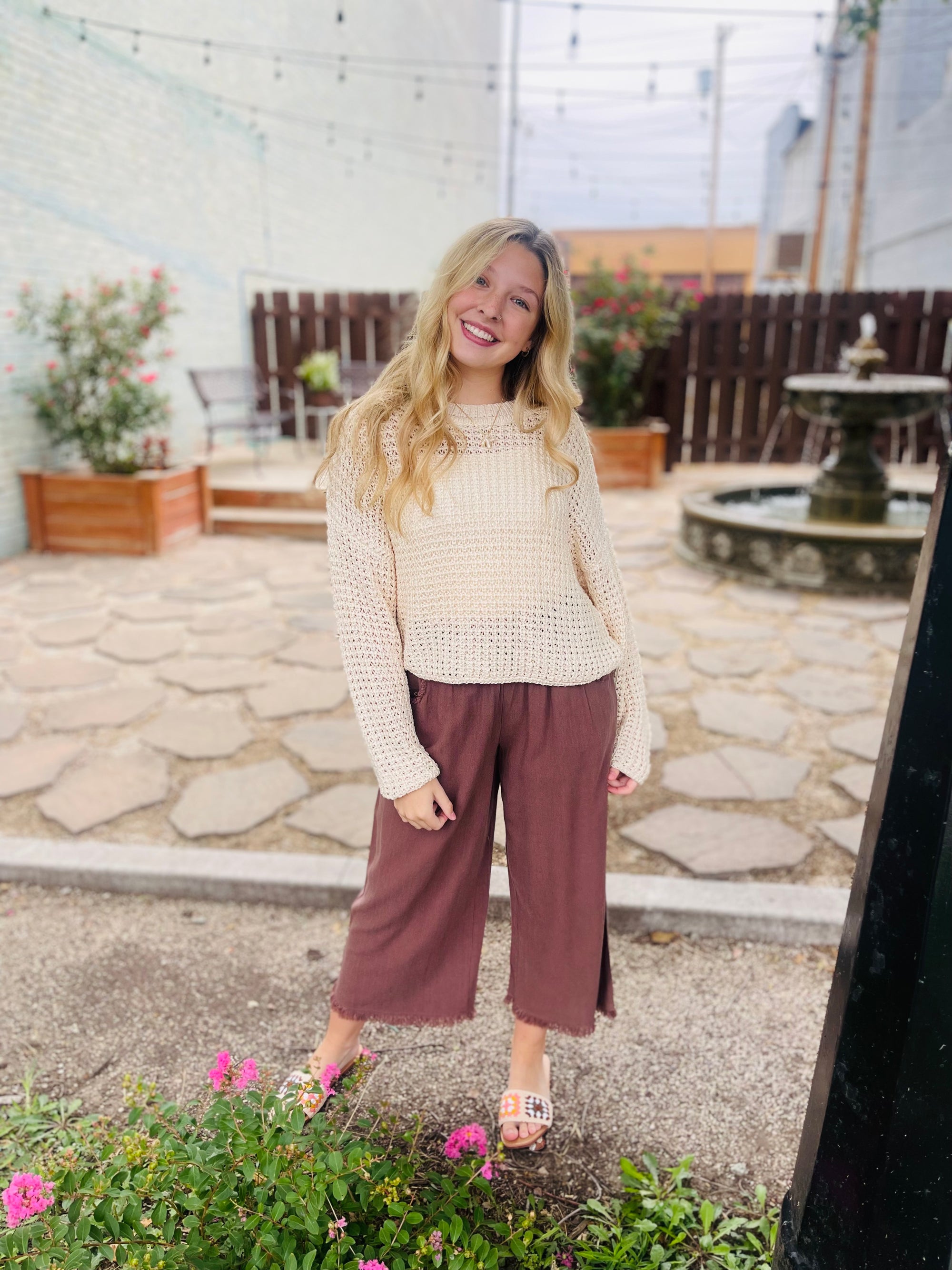 Oatmeal Crochet Knit Sheer Sweater