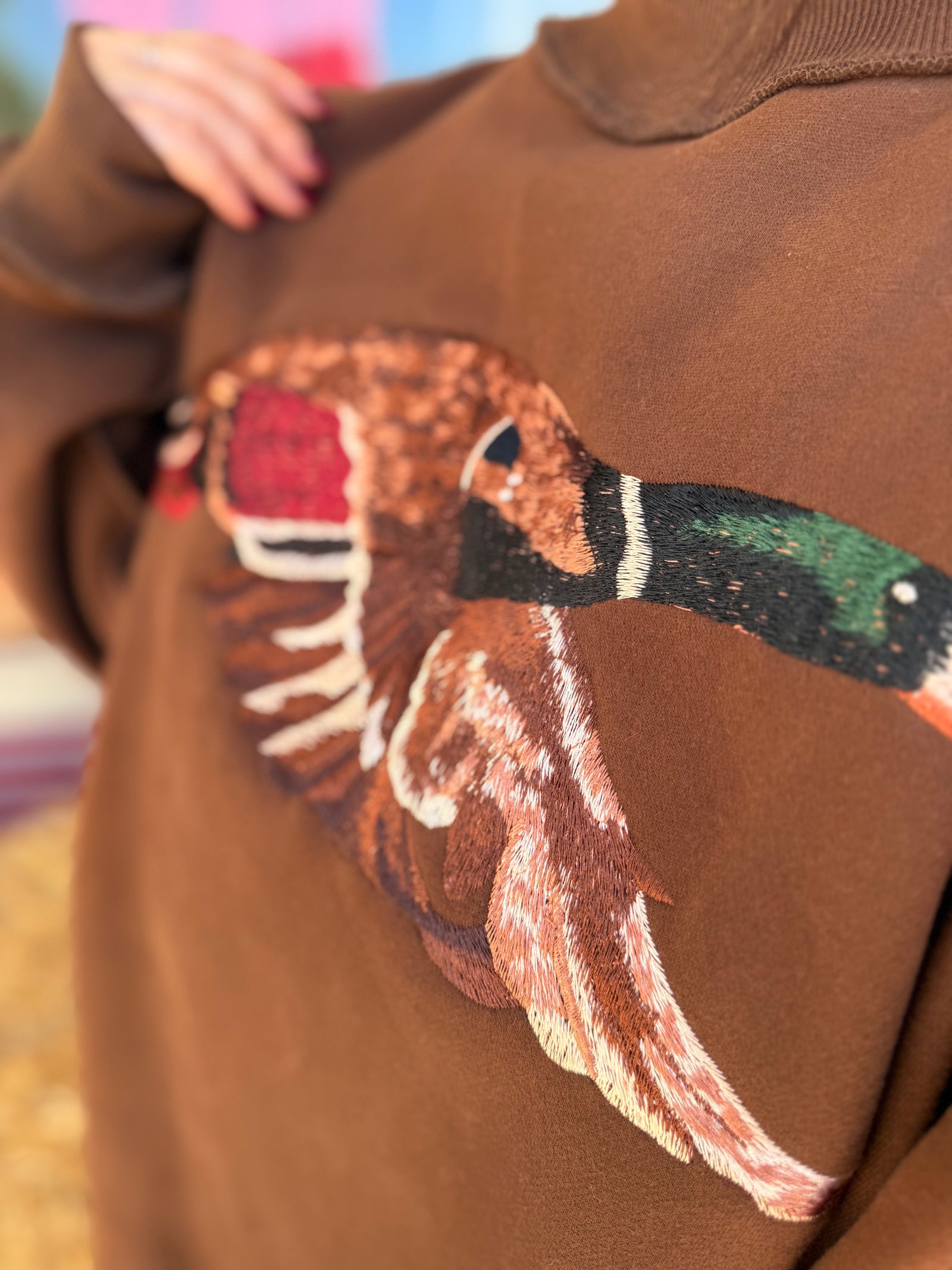 Bucketlist Brown Mallard Embroidered Mock Neck Sweatshirt