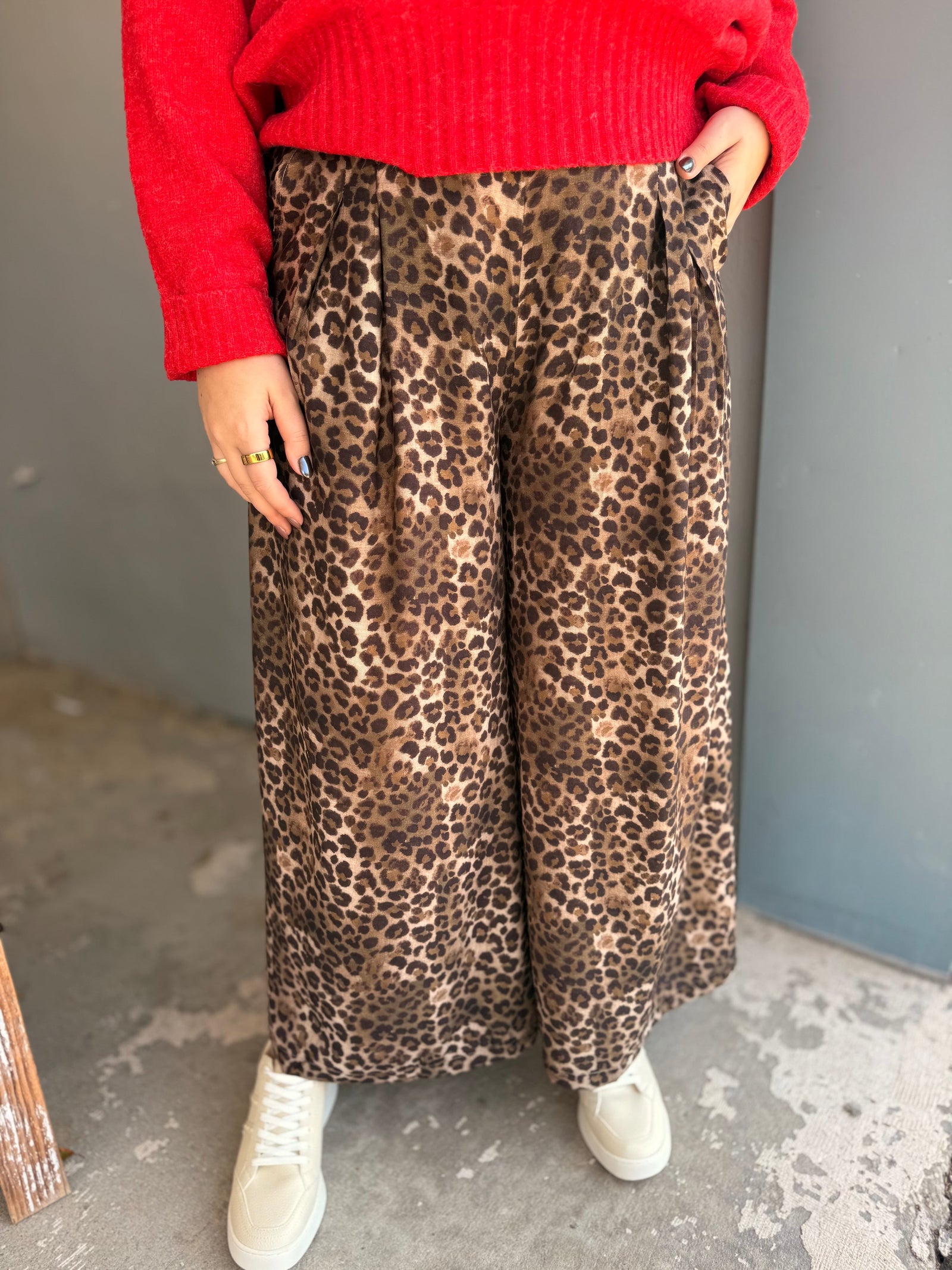 Umgee Leopard Wide Leg Skirt Pants