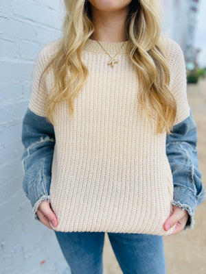 Denim Sleeve Contrast Knit Crewneck Sweater