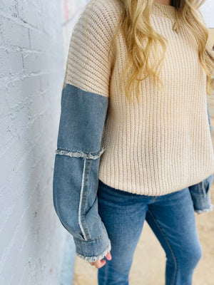 Denim Sleeve Contrast Knit Crewneck Sweater