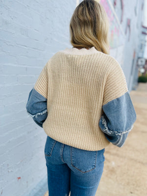 Denim Sleeve Contrast Knit Crewneck Sweater