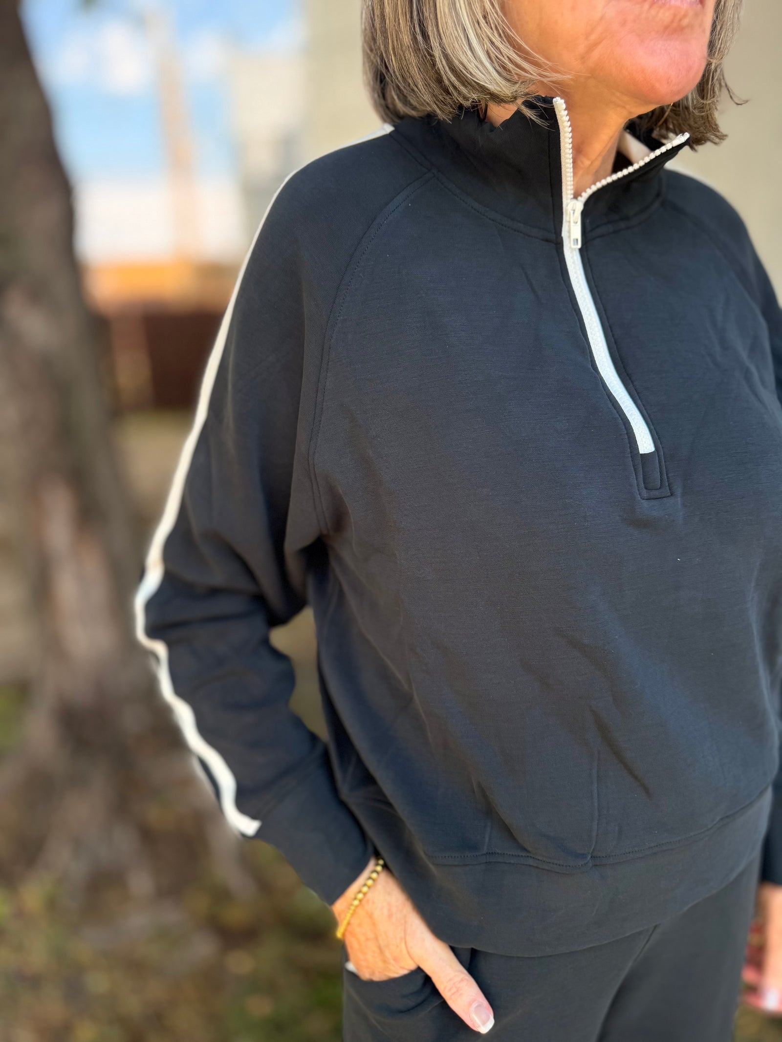 Mono B Black + White Stripe Scuba Half Zip Pullover