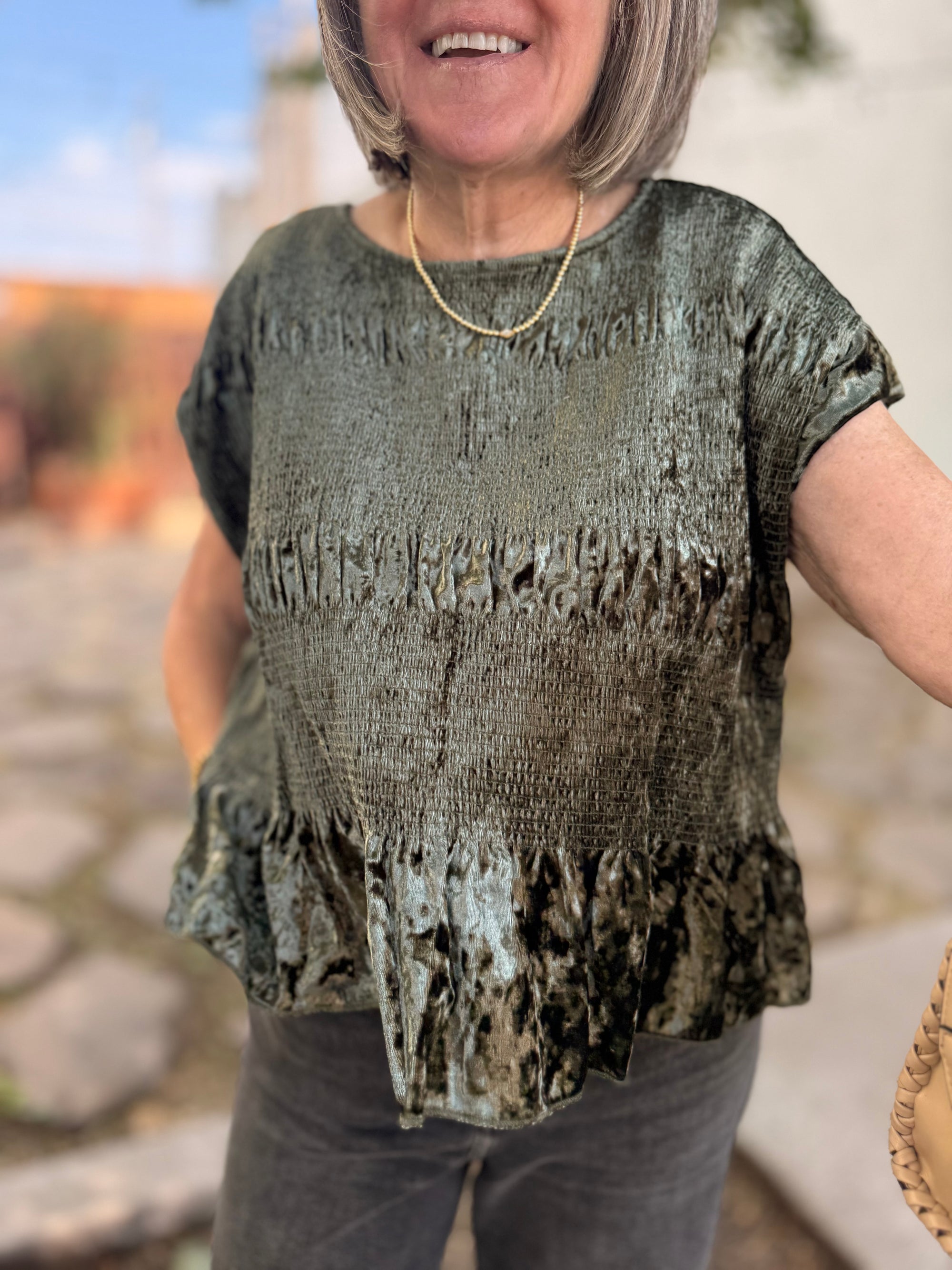 Umgee Olive Velvet Cap Sleeve Smocked Top