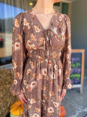 Blu Pepper Mocha Floral V-Neck Ruffle Midi Dress