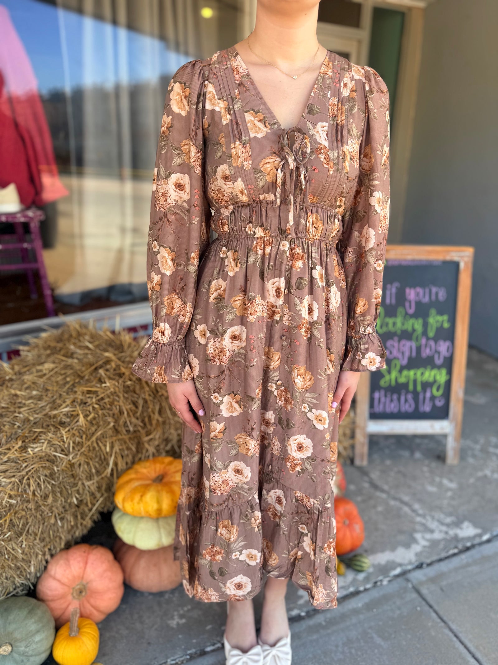Blu Pepper Mocha Floral V-Neck Ruffle Midi Dress
