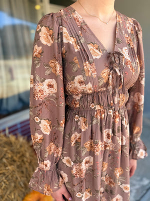 Blu Pepper Mocha Floral V-Neck Ruffle Midi Dress