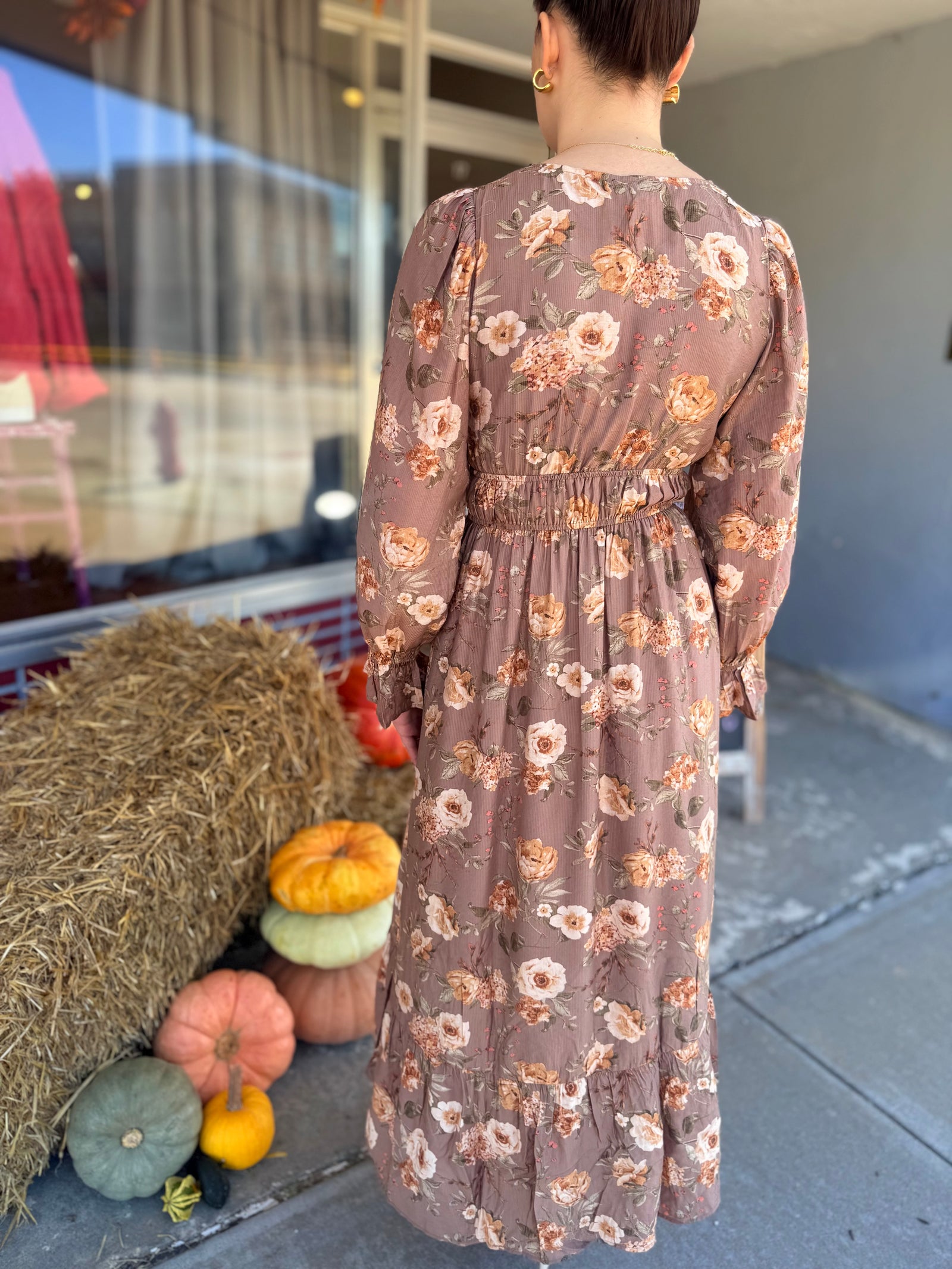 Blu Pepper Mocha Floral V-Neck Ruffle Midi Dress