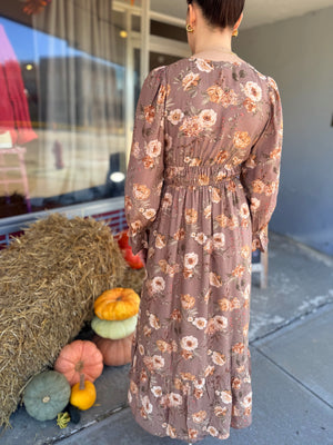 Blu Pepper Mocha Floral V-Neck Ruffle Midi Dress