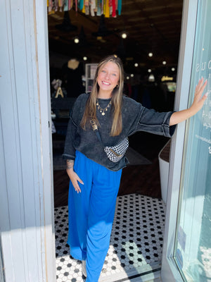 Umgee Royal Blue Frayed Hem Wide Leg Pants