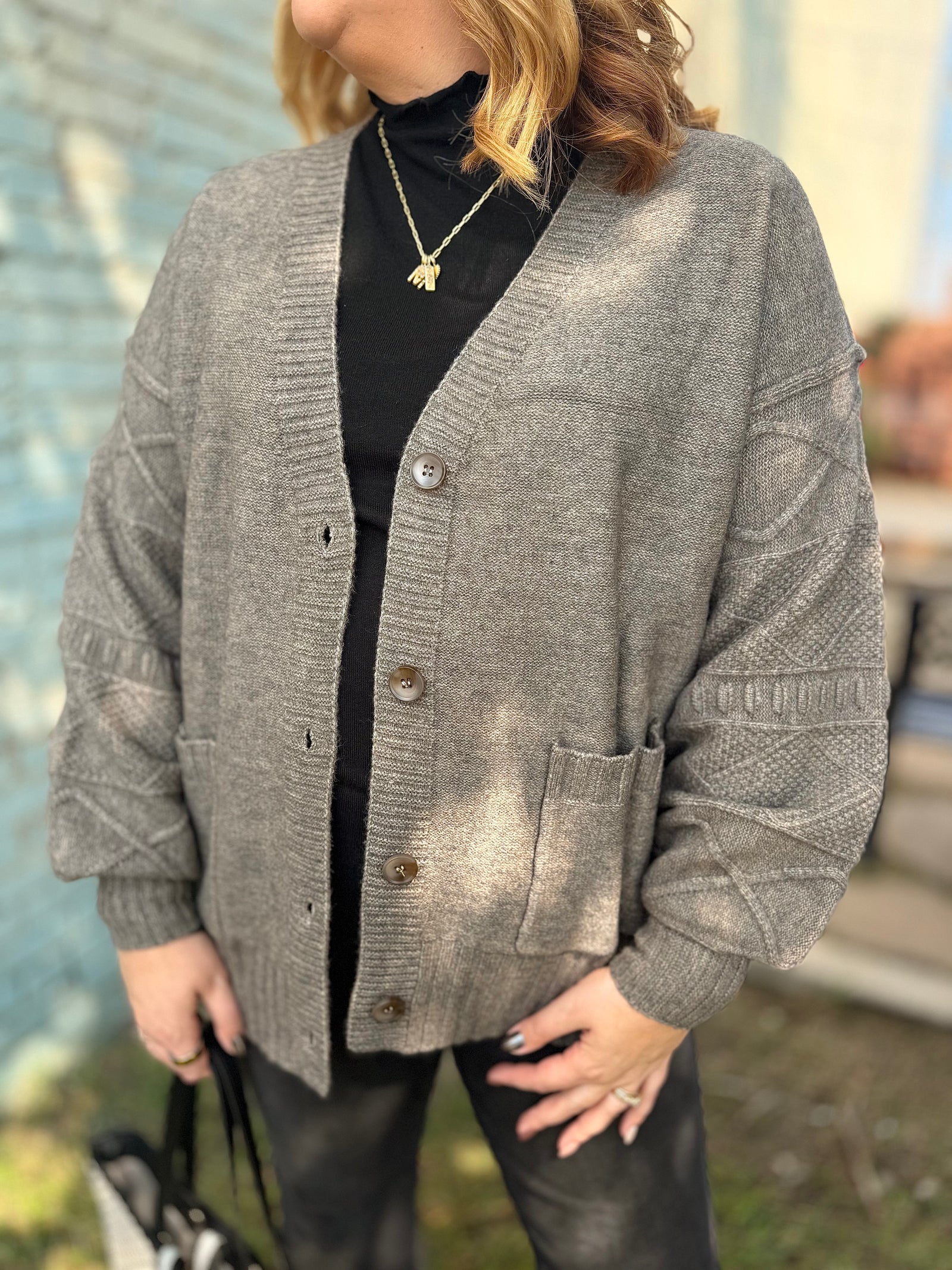 Stone Textured Sleeve Knit Button Down Cardigan