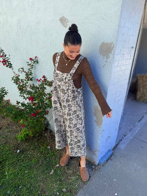 Easel Mocha Floral Wide Leg Overalls