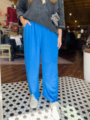 Umgee Royal Blue Frayed Hem Wide Leg Pants