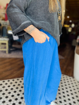 Umgee Royal Blue Frayed Hem Wide Leg Pants