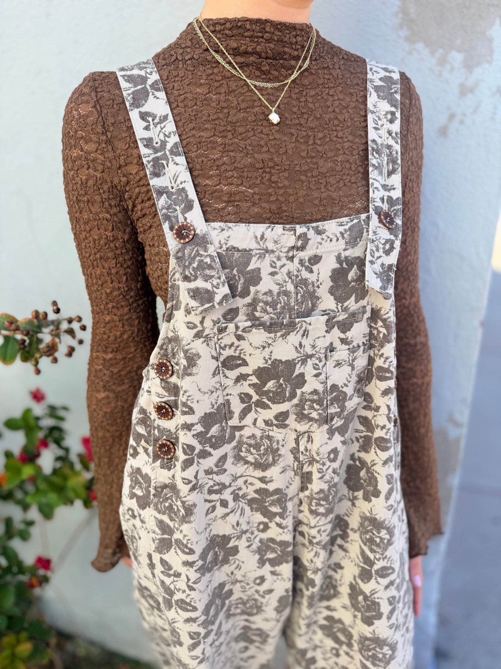 Easel Mocha Floral Wide Leg Overalls