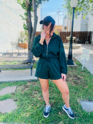 Evergreen Long Sleeve Romper W/ Elastic Tie Waist