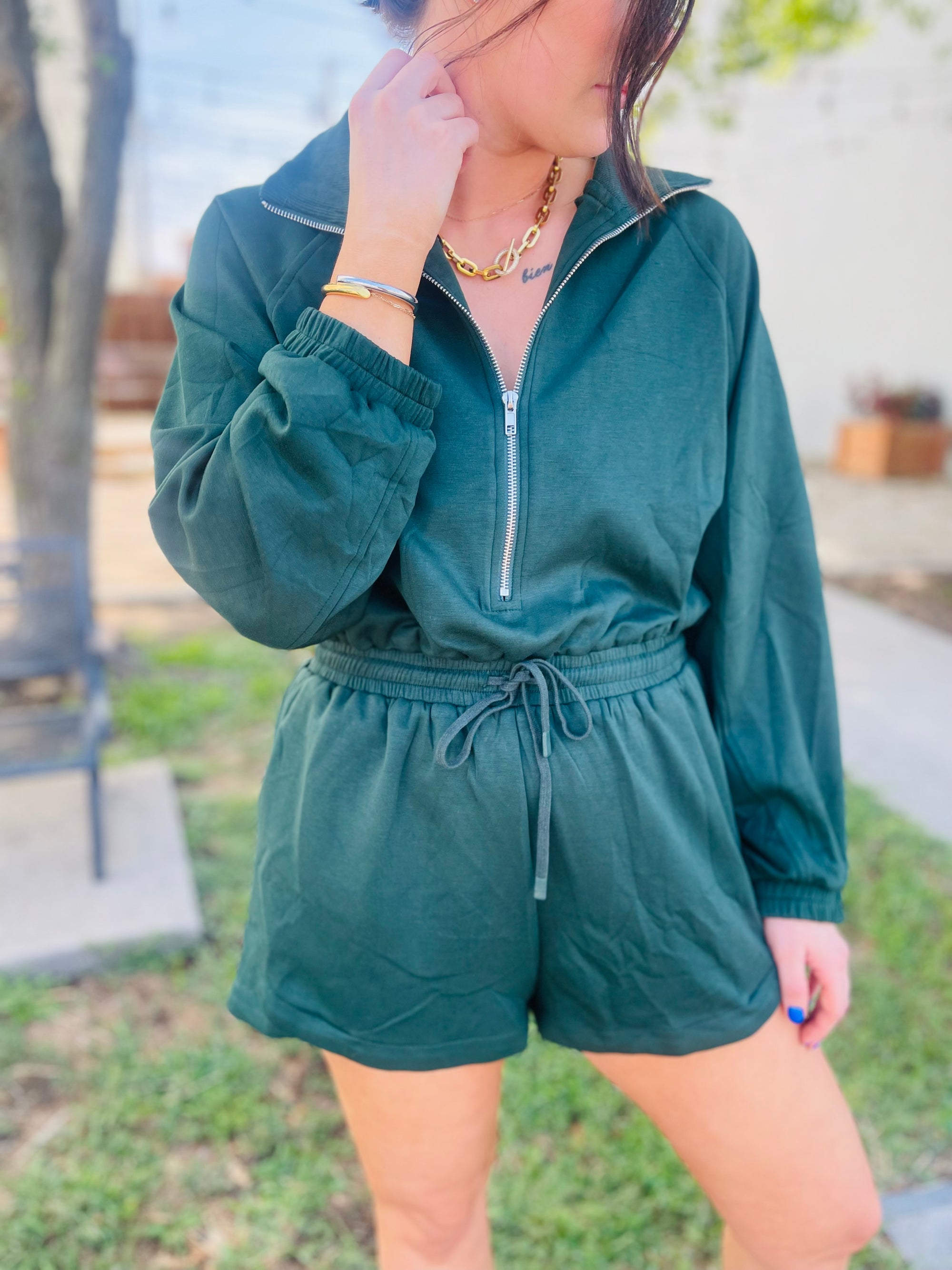 Evergreen Long Sleeve Romper W/ Elastic Tie Waist