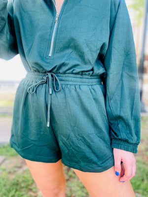 Evergreen Long Sleeve Romper W/ Elastic Tie Waist