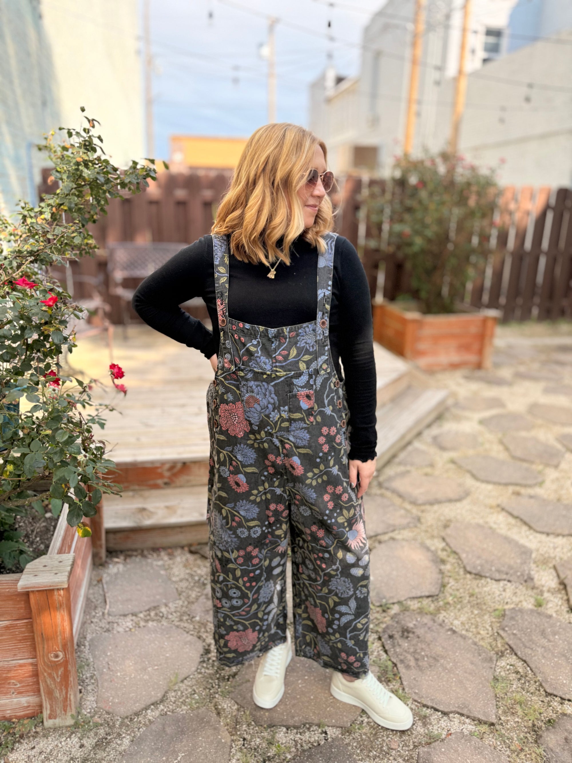 Easel Black Denim Floral Print Overalls