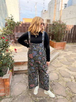 Easel Black Denim Floral Print Overalls