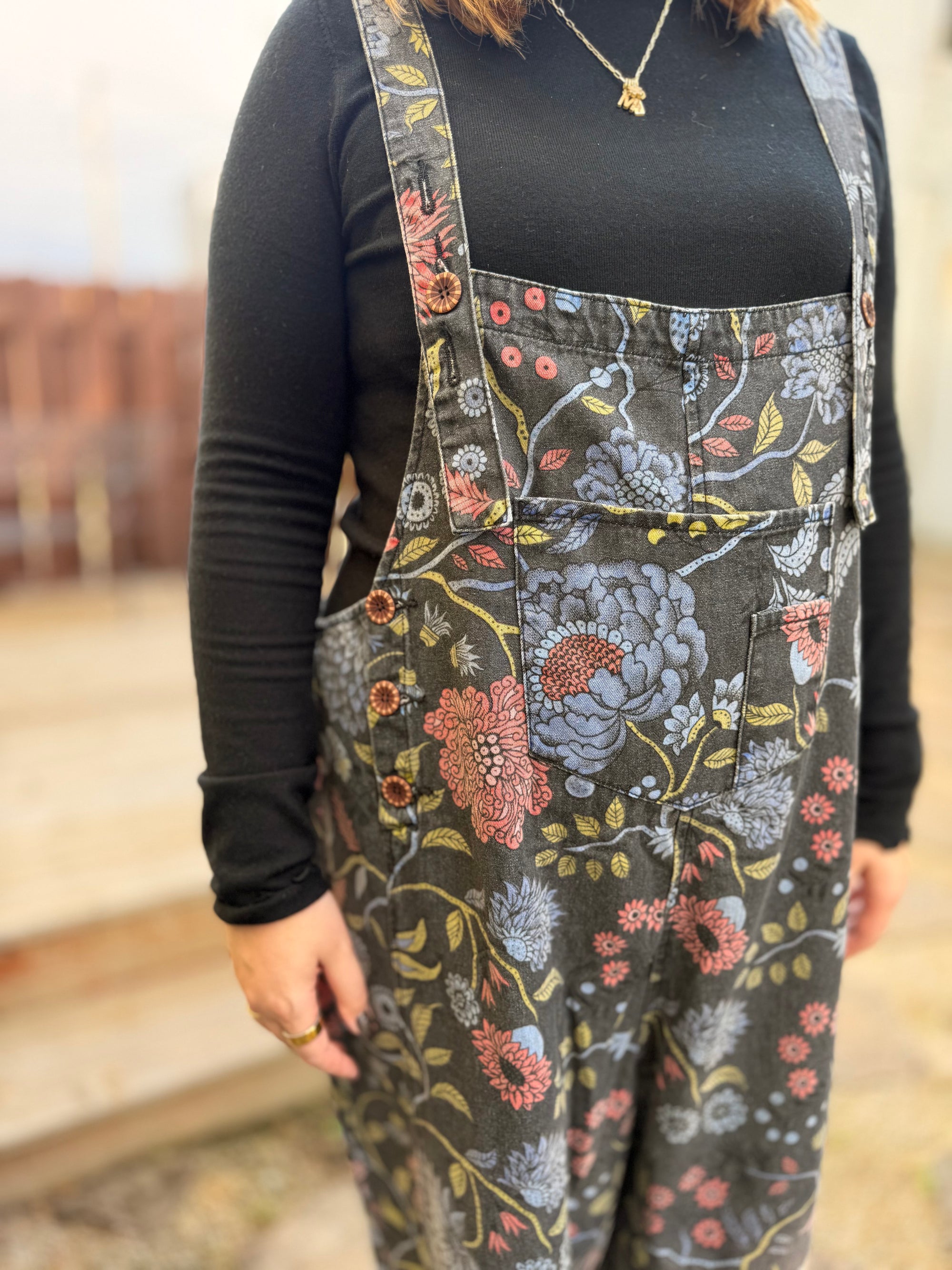 Easel Black Denim Floral Print Overalls