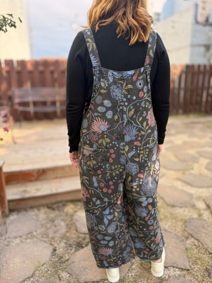 Easel Black Denim Floral Print Overalls