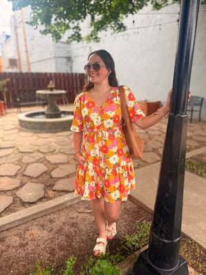 Easel Orange Mix Floral Print Flowy Dress