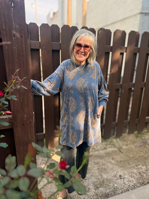 Umgee Blue Paisley Print Terry Knit Crewneck Tunic