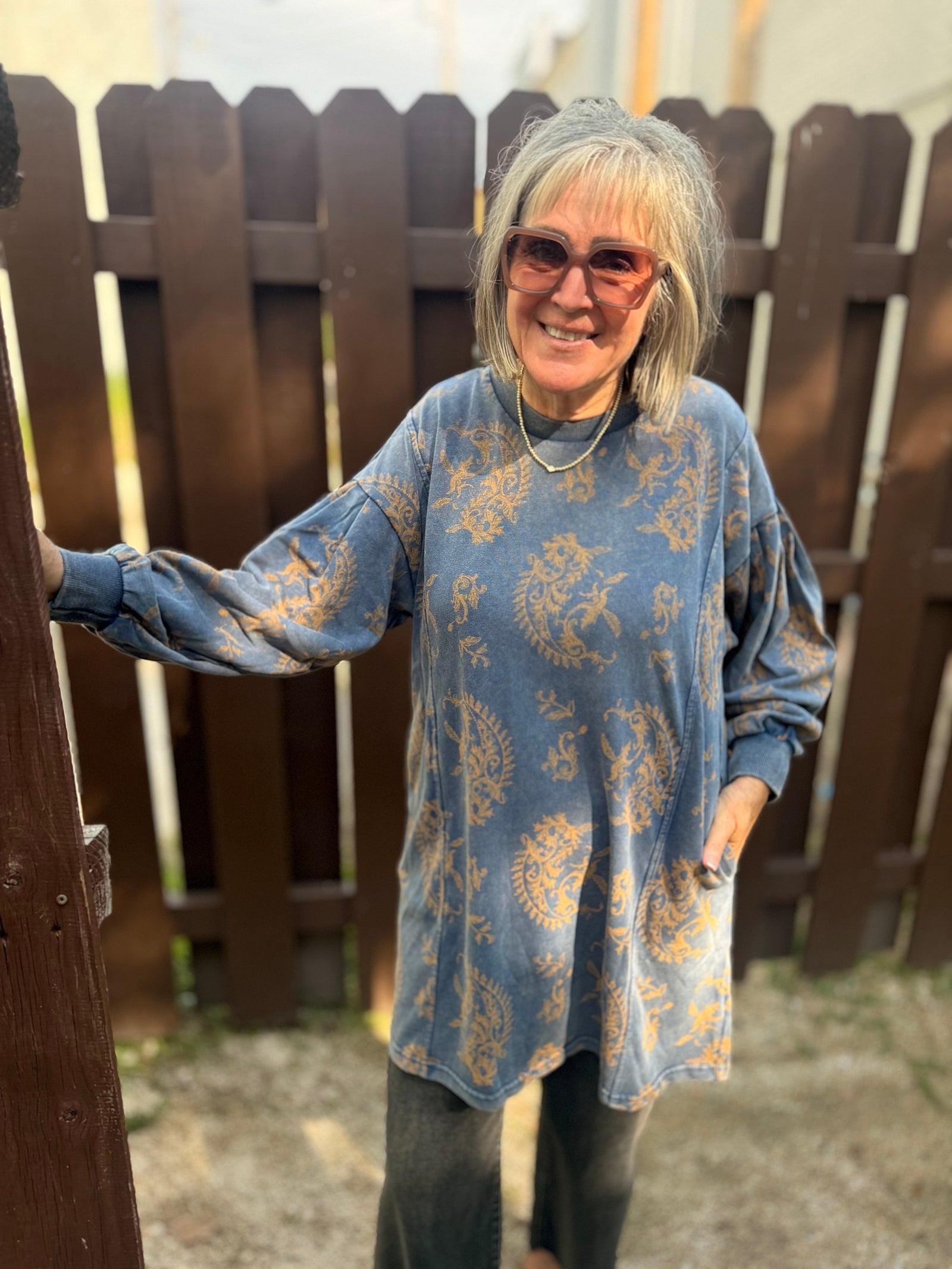 Umgee Blue Paisley Print Terry Knit Crewneck Tunic