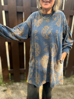 Umgee Blue Paisley Print Terry Knit Crewneck Tunic