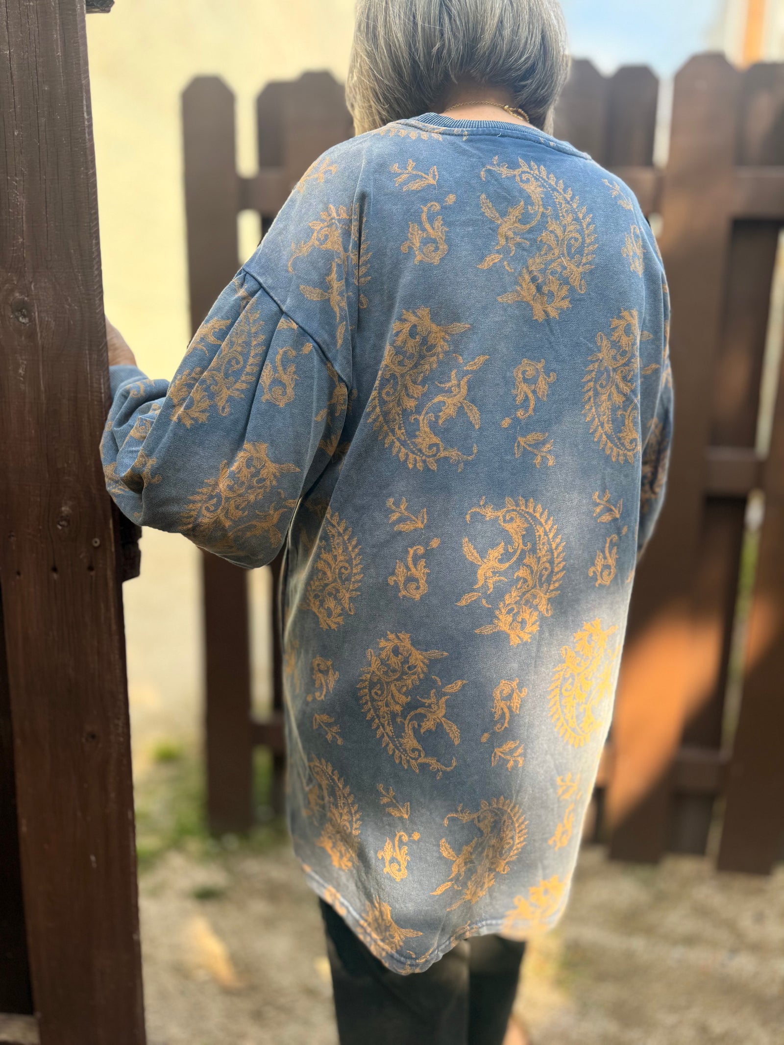 Umgee Blue Paisley Print Terry Knit Crewneck Tunic