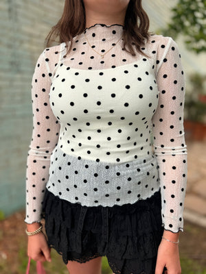 Davi & Dani White w/ Black Polka Dot Sheer Top