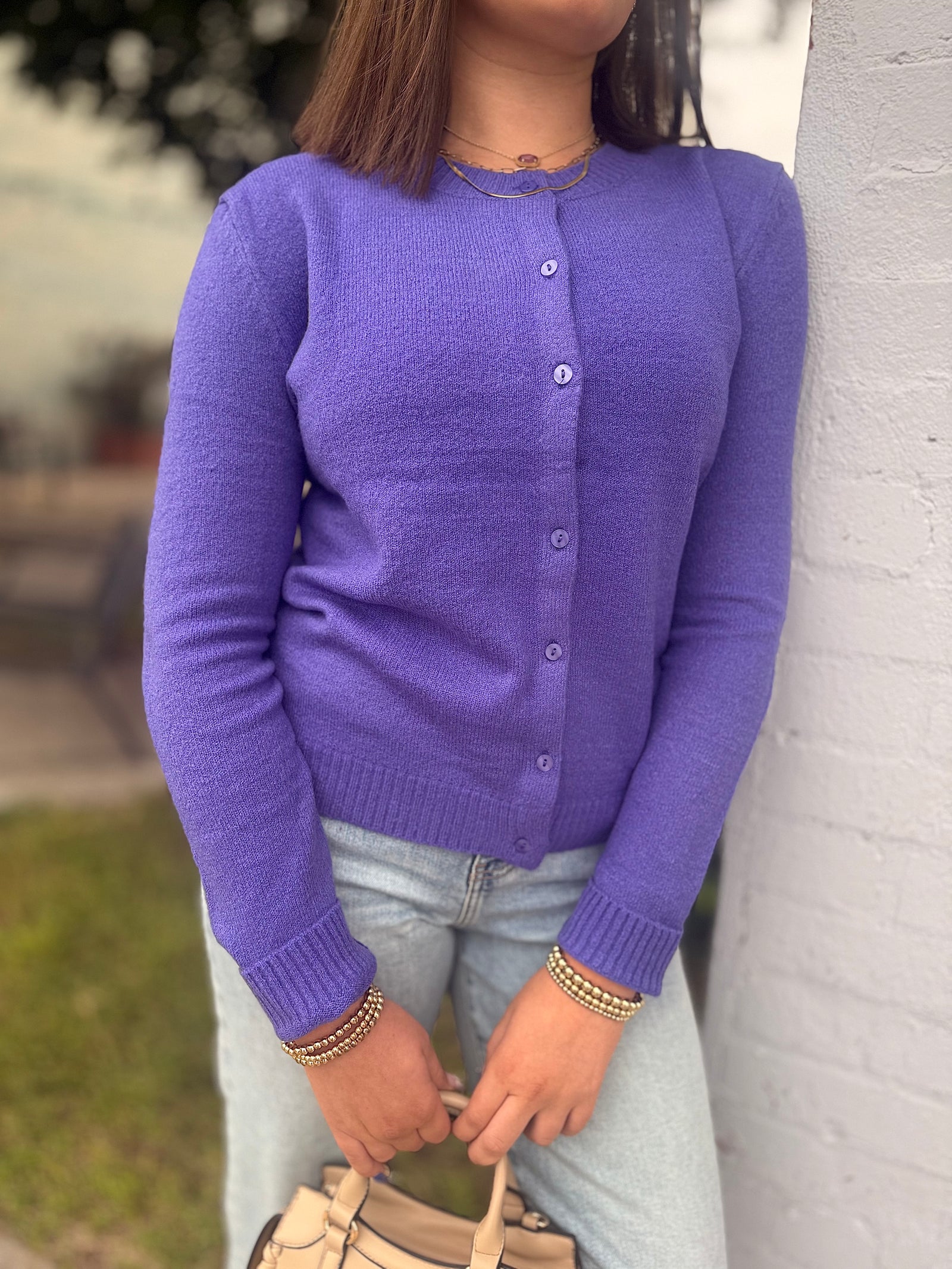 Purple Crewneck Button Up Cardigan