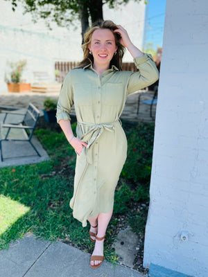 Light Olive Collared Button Down Midi Shirt Dress