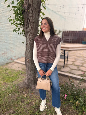 Brown Plaid V-Neck Sweater Vest