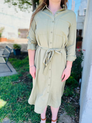 Light Olive Collared Button Down Midi Shirt Dress