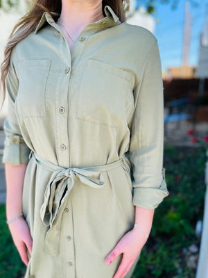 Light Olive Collared Button Down Midi Shirt Dress