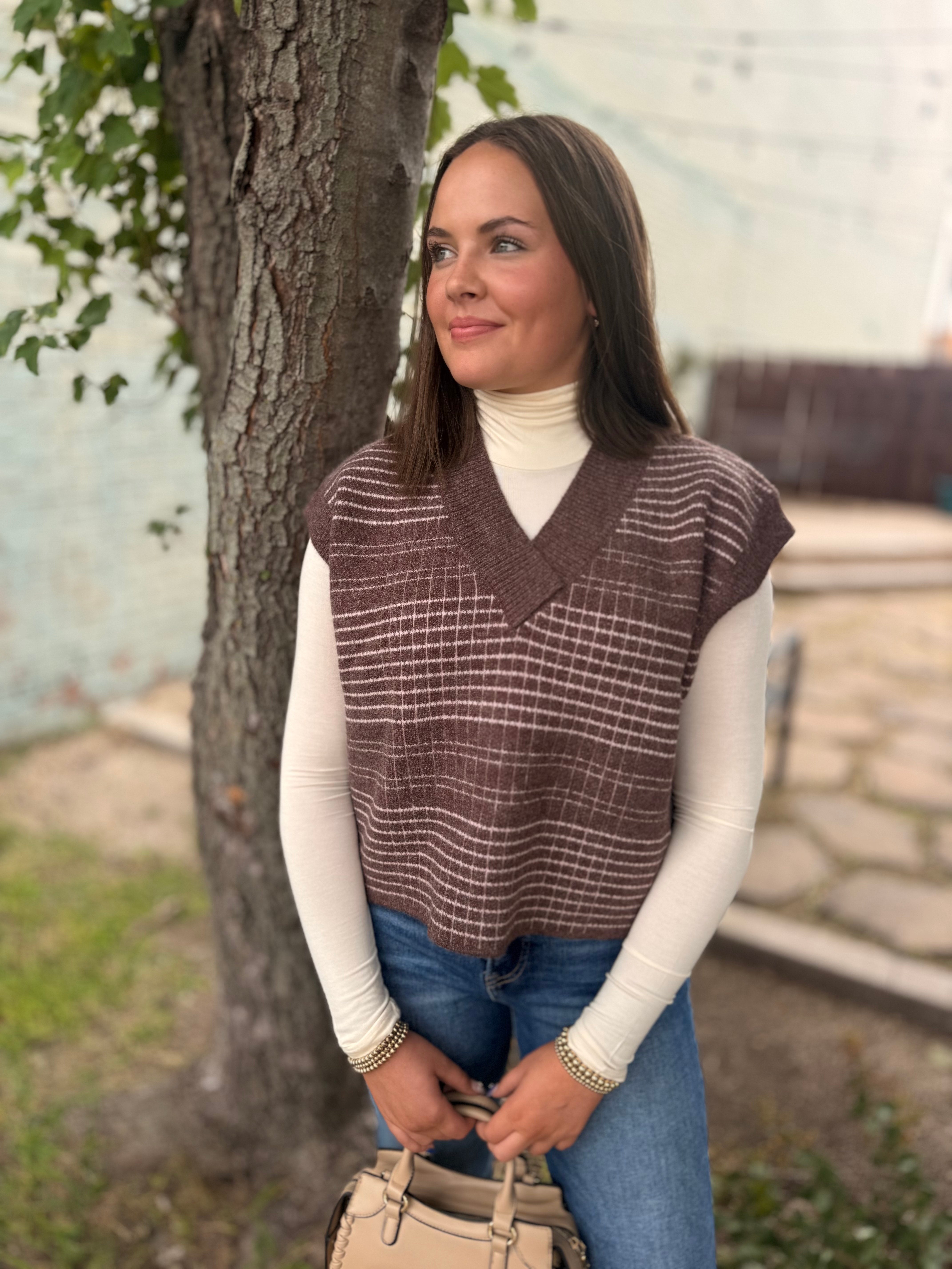 Brown Plaid V-Neck Sweater Vest - Audacious Boutique