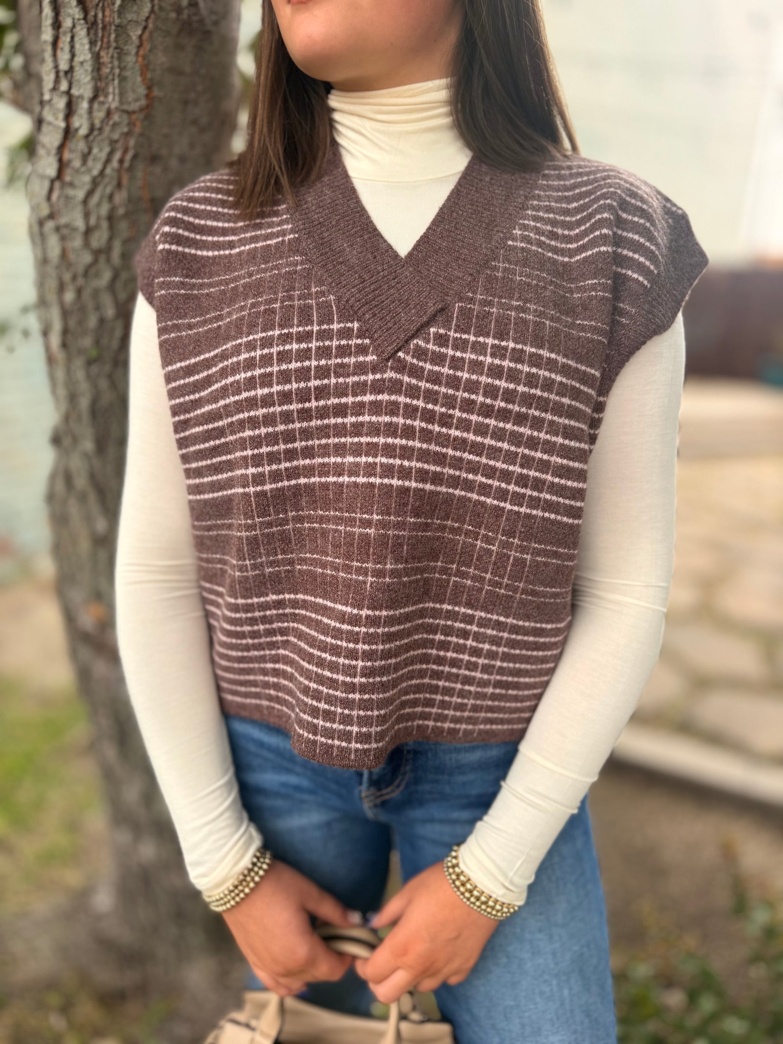 Brown Plaid V-Neck Sweater Vest